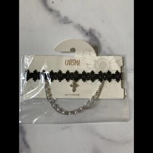 Black Lace Choker w/ Pearls on Silver Chain & Silver Cross NEW by Carisma Gothic